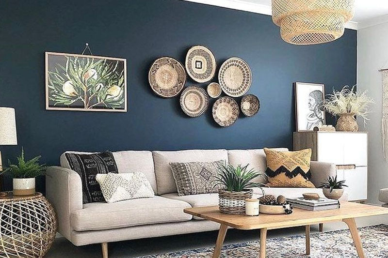 Blue living room with accent wall