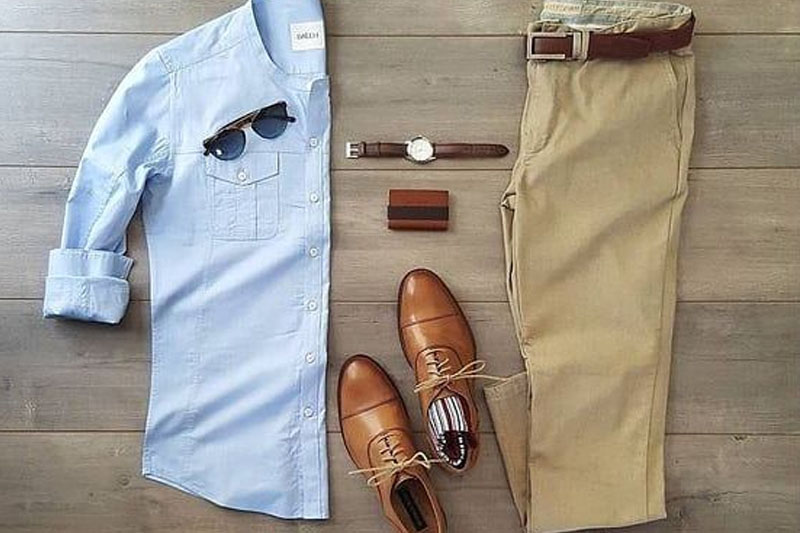 Blue shirt with brown chinos