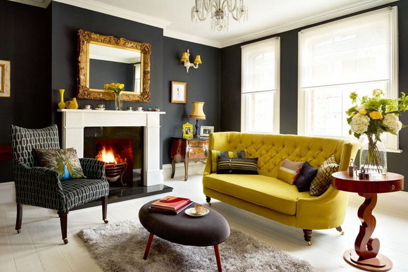 Dark walls with white fireplace