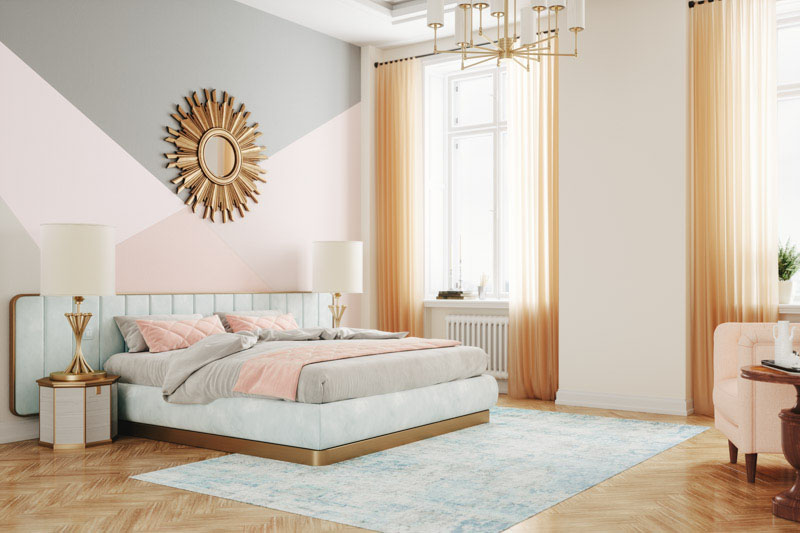Light grey and soft pink bedroom walls
