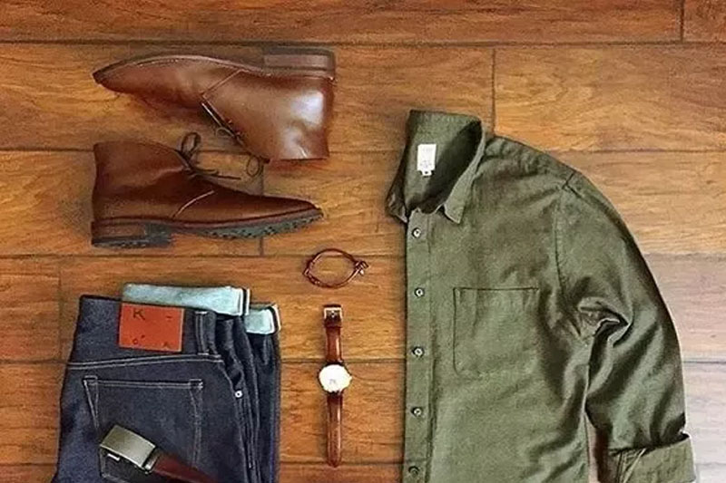 Olive green shirt with navy pants