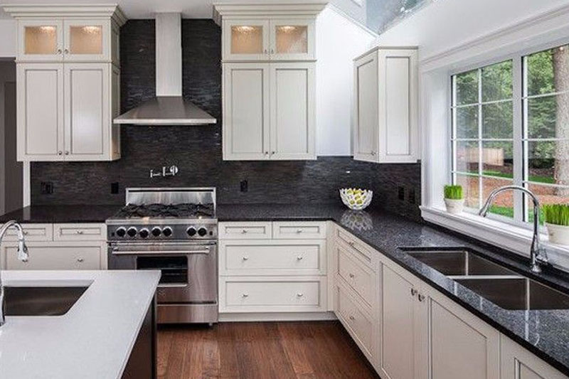 marble countertop black and white kitchen